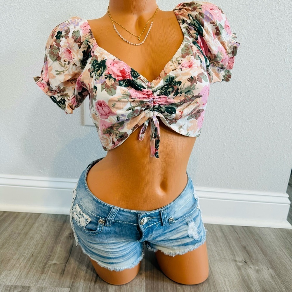 Ruffle Short Sleeve Floral Crop Top Off
Shoulder Bardot Blouse New Size …​​